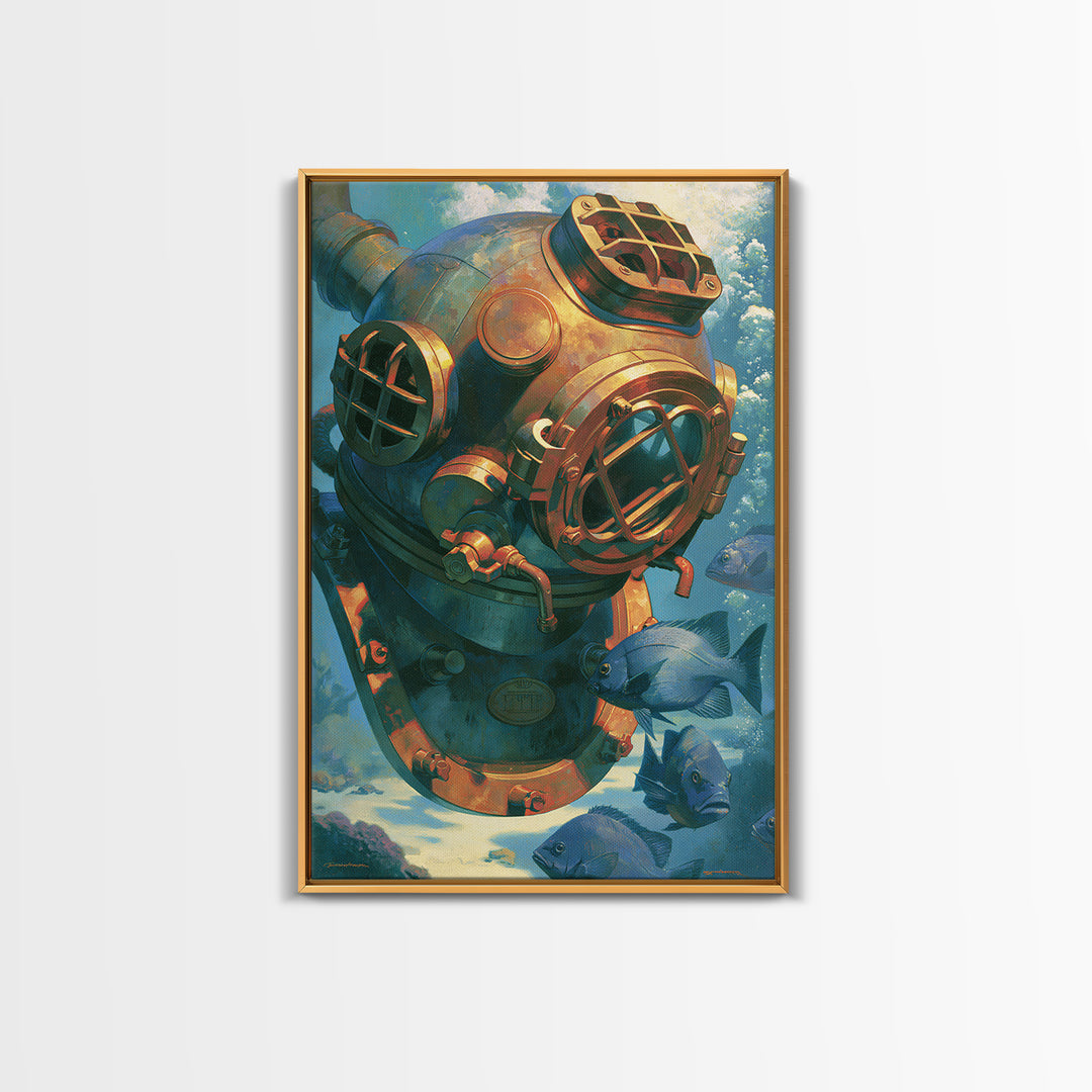 Brass Diving Helmet Framed Canvas Print, Steampunk Art, Printable Art, Living Room Decor, Oil Painting, Mechanic, STE-2x3-20