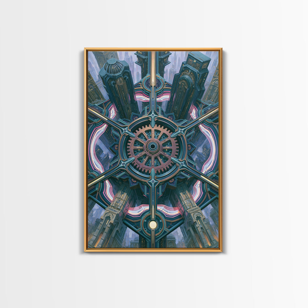 Cogwheel Mandala in Bronze and Teal Framed Canvas Print, Steampunk Art, Modern Decor, Living Room Decor, Fine Art, Mechanic, STE-2x3-24