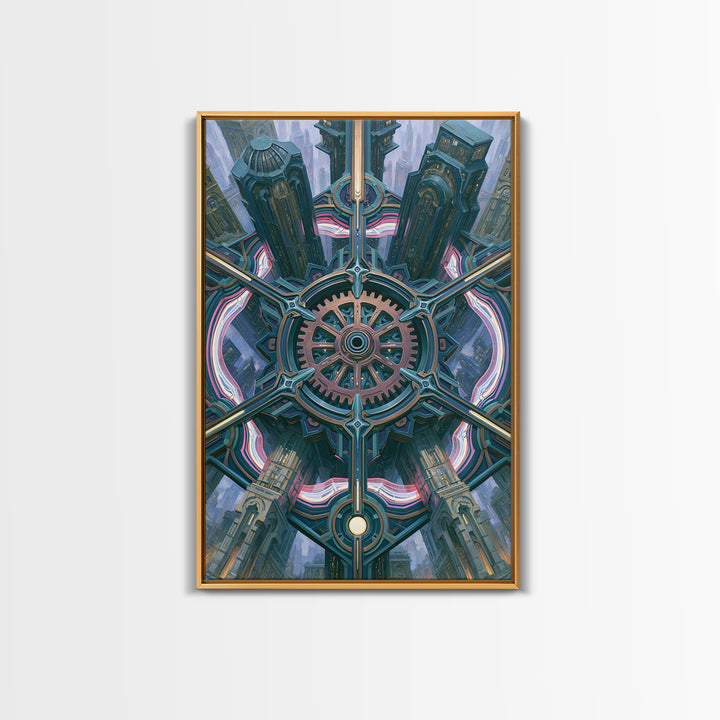 Cogwheel Mandala in Bronze and Teal Framed Canvas Print, Steampunk Art, Modern Decor, Living Room Decor, Fine Art, Mechanic, STE-2x3-24
