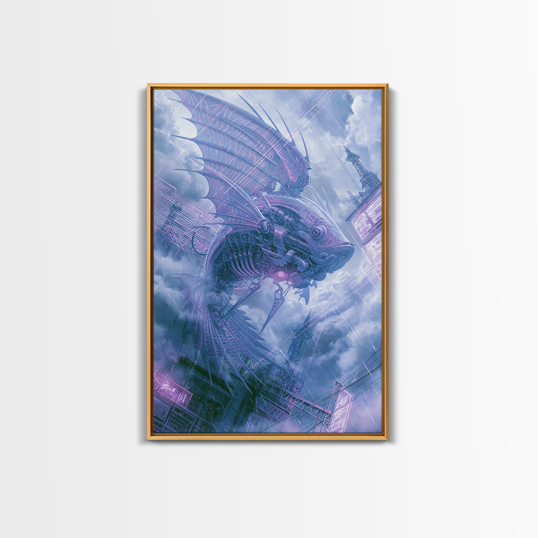 Mechanical Fish Swimming Through Clouds Framed Canvas Print, Steampunk Art, Minimalist Decor, Living Room Decor, Mechanic, STE-2x3-30
