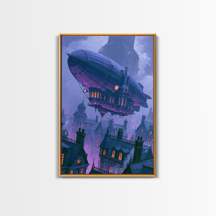 Airship Floating Above Victorian City Roofs Framed Canvas Print, Steampunk Art, Art Print, Living Room Decor, Mechanic, STE-2x3-34