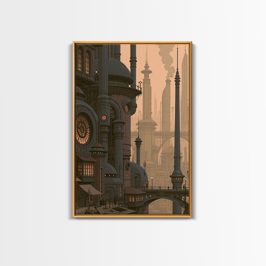 Steam Powered City Skyline Canvas Print, Steampunk Art, Original Art, Living Room Decor, Abstract Art, Mechanic, Cat Art, STE-2x3-5