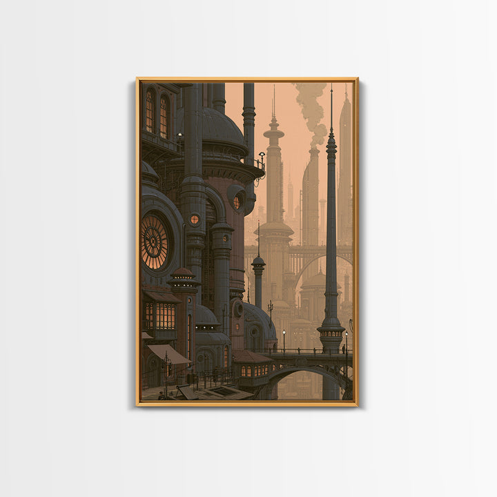 Steam Powered City Skyline Canvas Print, Steampunk Art, Original Art, Living Room Decor, Abstract Art, Mechanic, Cat Art, STE-2x3-5