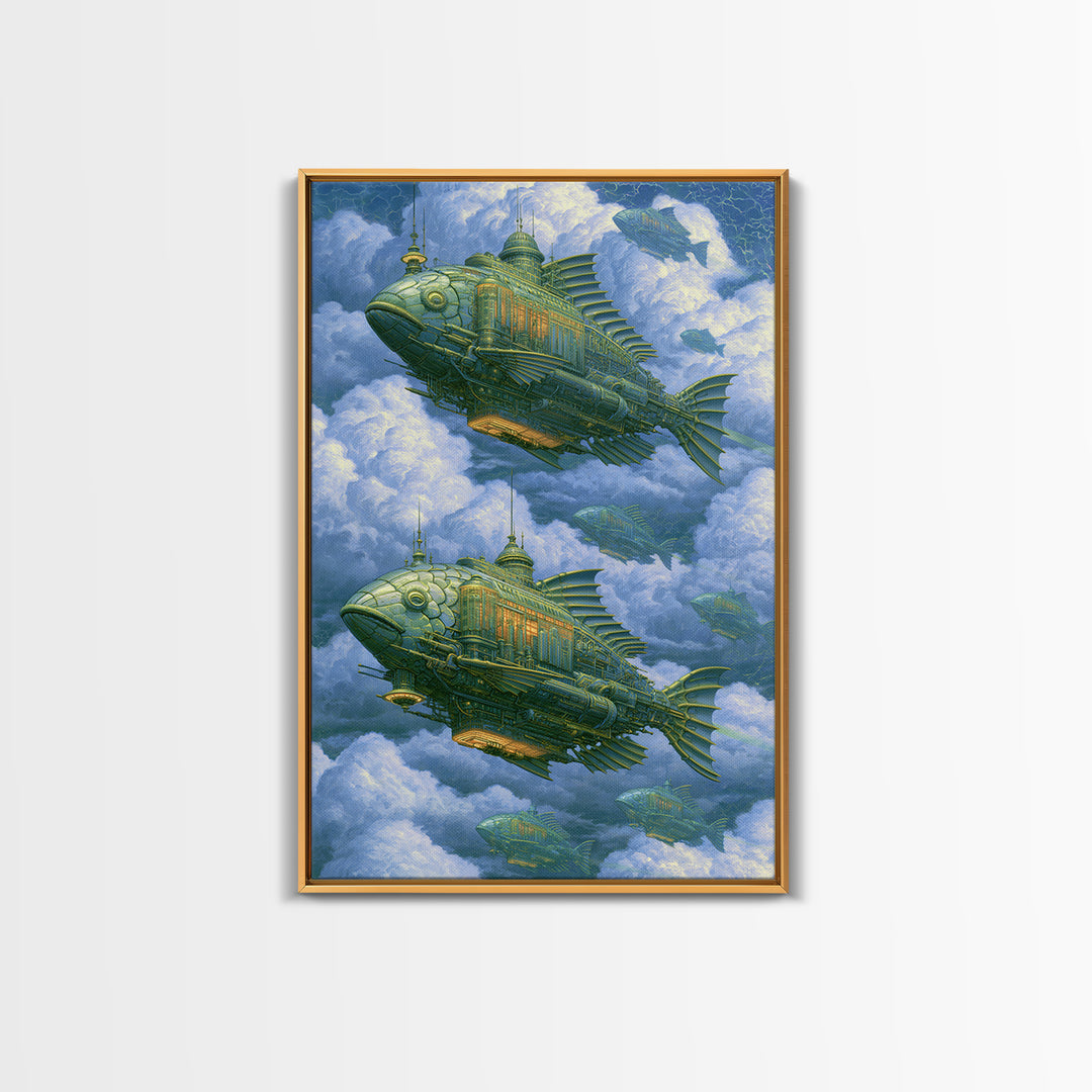 Mechanical Fish Swimming Through Clouds Canvas Print, Steampunk Art, Halloween Decor, Living Room Decor, Fine Art, Mechanic, STE-2x3-54