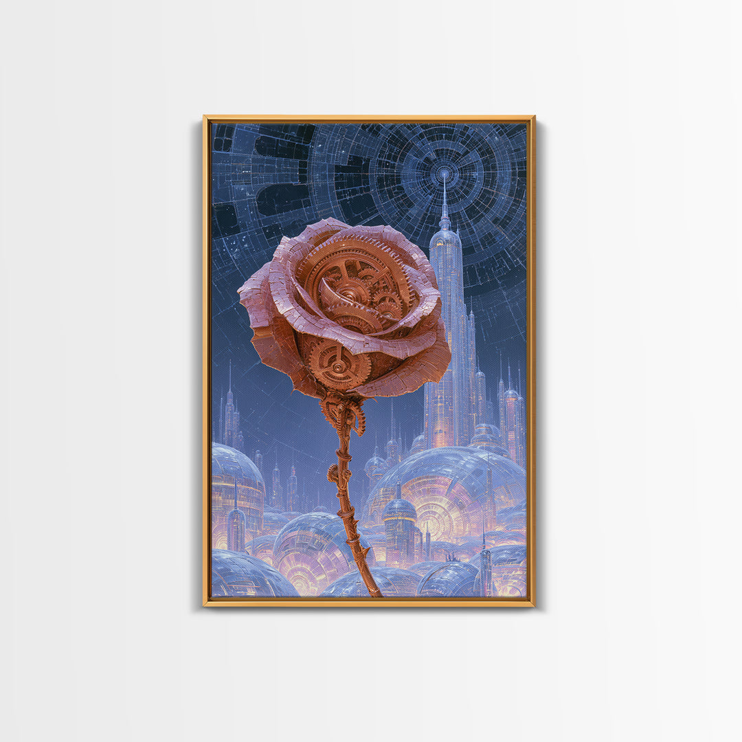 Mechanical Rose Made of Copper Gears Framed Canvas Print, Steampunk Art, Printable Art, Living Room Decor, Oil Painting, STE-2x3-59