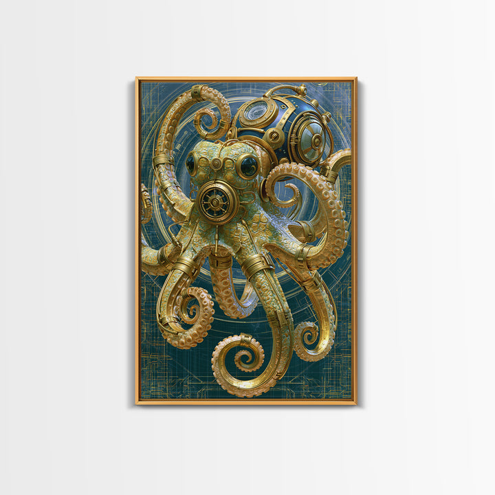 Steampunk Octopus with Brass Tentacles Canvas Print, Steampunk Art, Boho Wall Art, Living Room Decor, Fine Art, Mechanic, STE-2x3-61