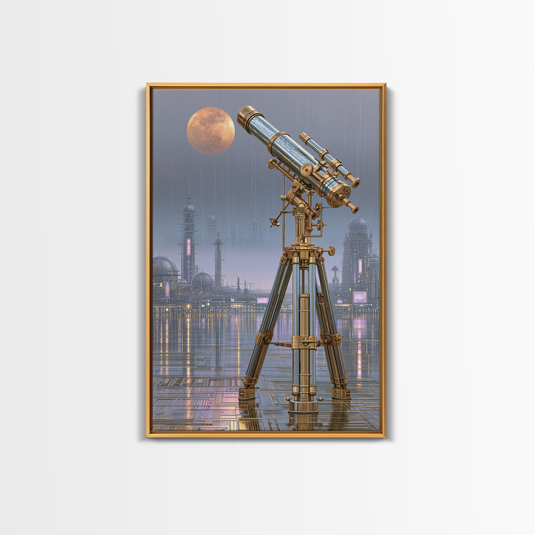 Brass Telescope Aimed at Copper Moon Framed Canvas Print, Steampunk Art, Dark Art, Living Room Decor, Oil Painting, Mechanic, STE-2x3-8