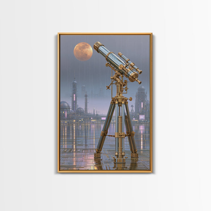 Brass Telescope Aimed at Copper Moon Framed Canvas Print, Steampunk Art, Dark Art, Living Room Decor, Oil Painting, Mechanic, STE-2x3-8