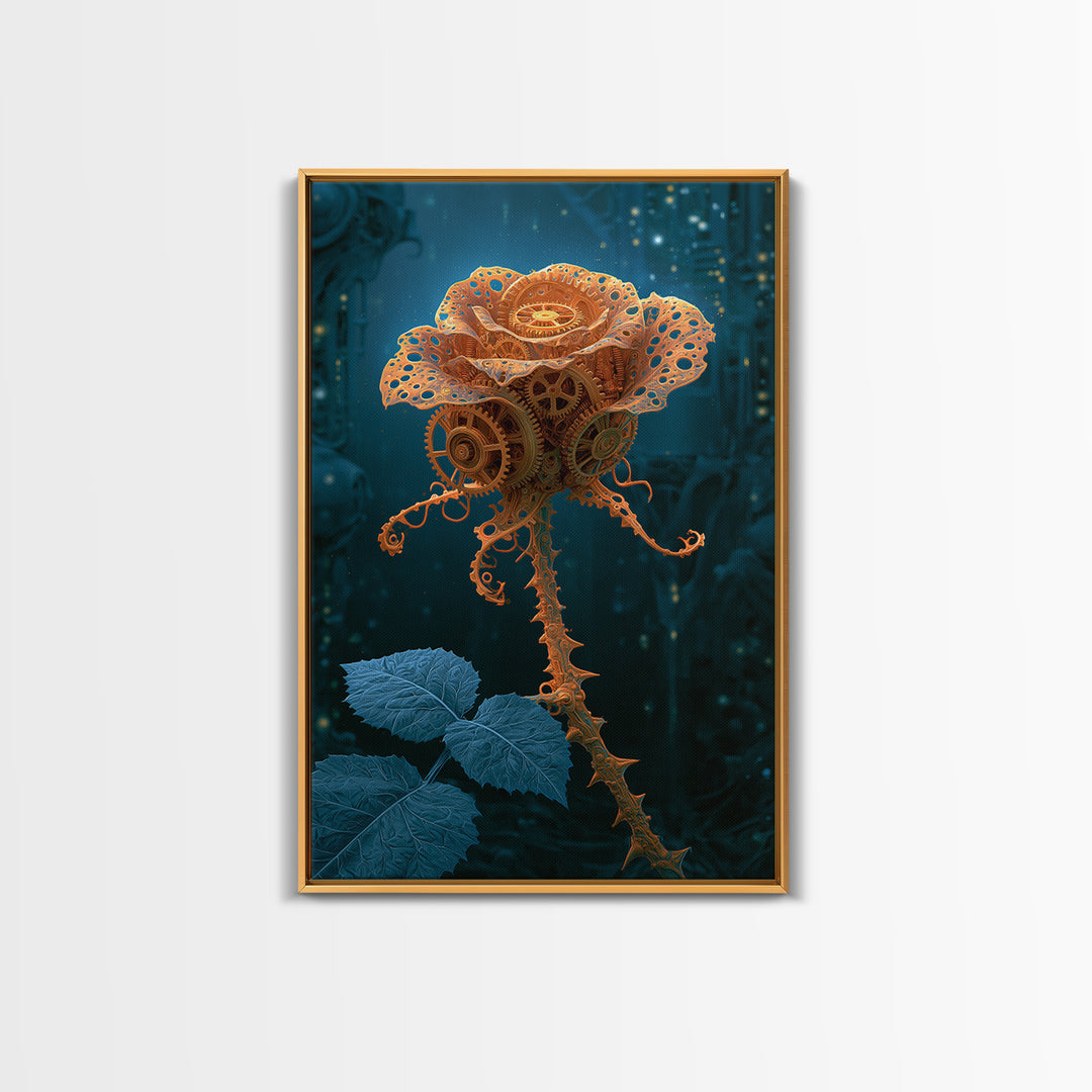 Mechanical Rose Made of Copper Gears Framed Canvas Print, Steampunk Art, Steampunk Lamp, Living Room Decor, Abstract Art, STE-2x3-83