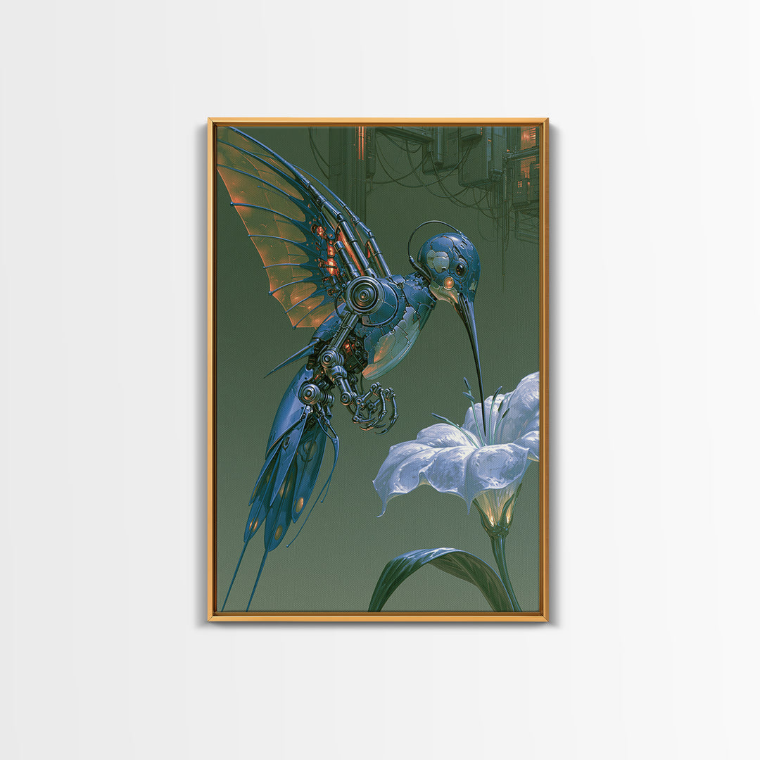 Mechanical Hummingbird Hovering Near Flower Canvas Print, Steampunk Art, Digital Download Art, Living Room Decor, Mechanic, STE-2x3-89