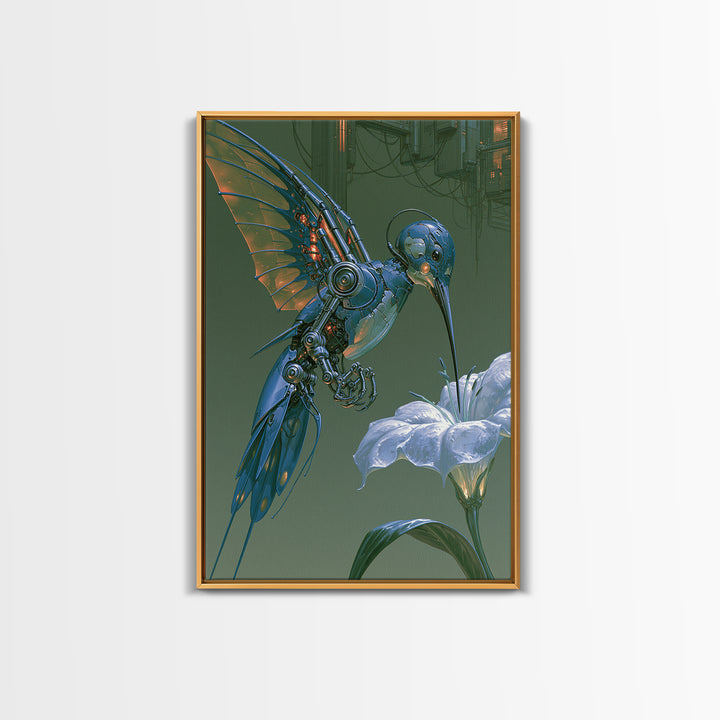 Mechanical Hummingbird Hovering Near Flower Canvas Print, Steampunk Art, Digital Download Art, Living Room Decor, Mechanic, STE-2x3-89