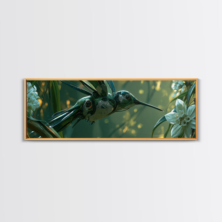 Mechanical Hummingbird Hovering Near Flower Canvas Print, Steampunk Art, Wall Art Living Room, Living Room Decor, Mechanic, STE-3x1-1