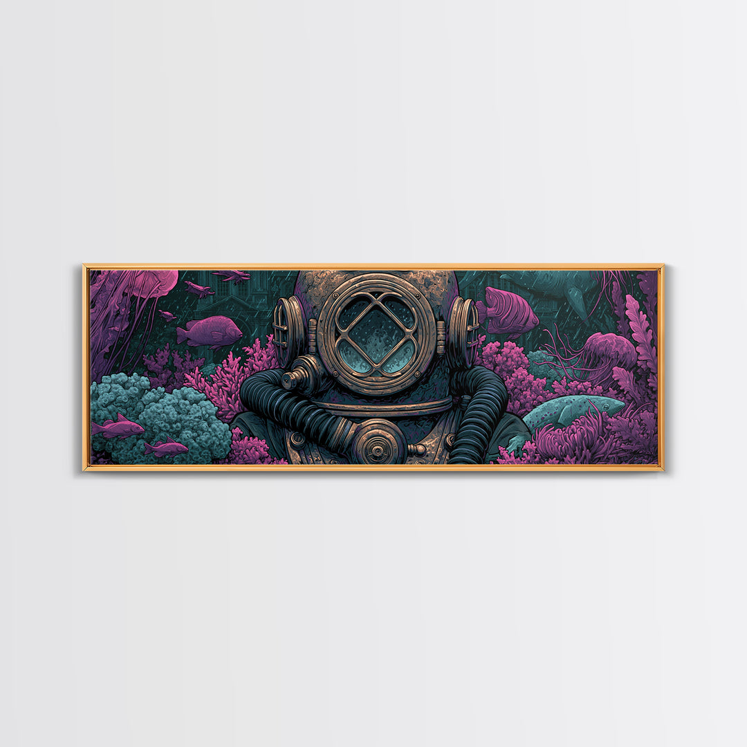 Brass Diving Helmet Framed Canvas Print, Steampunk Art, Dark Art, Living Room Decor, Oil Painting, Mechanic, Minimalist Decor, STE-3x1-28