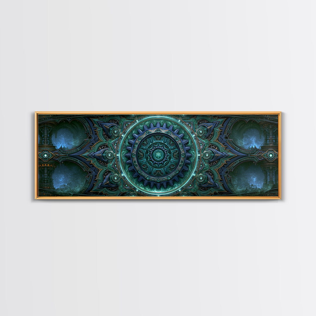 Cogwheel Mandala in Bronze and Teal Framed Canvas Print, Steampunk Art, Abstract Art Print, Living Room Decor, Watercolor Art, STE-3x1-32