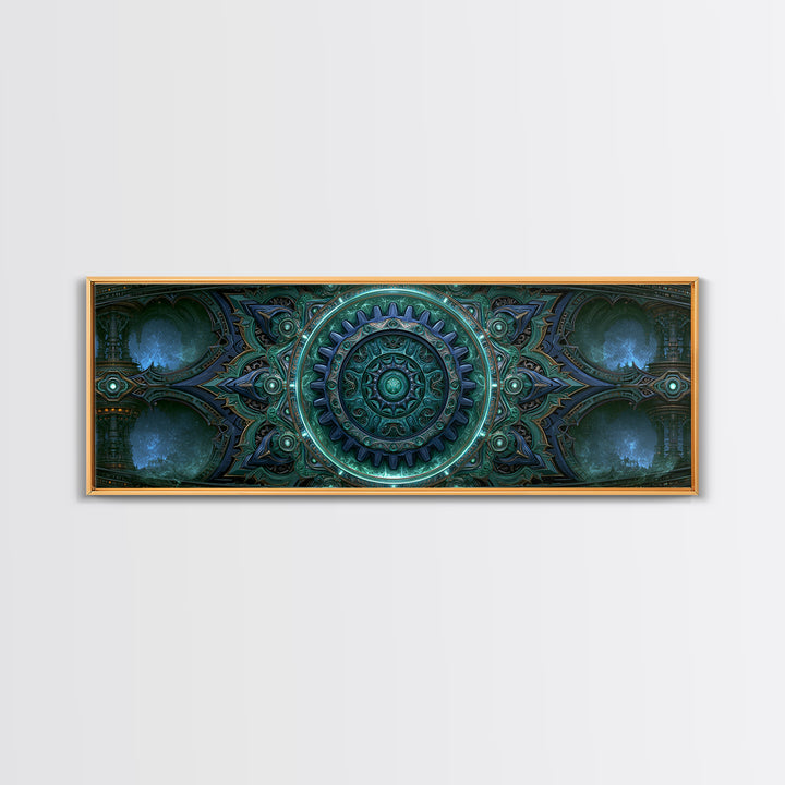 Cogwheel Mandala in Bronze and Teal Framed Canvas Print, Steampunk Art, Abstract Art Print, Living Room Decor, Watercolor Art, STE-3x1-32