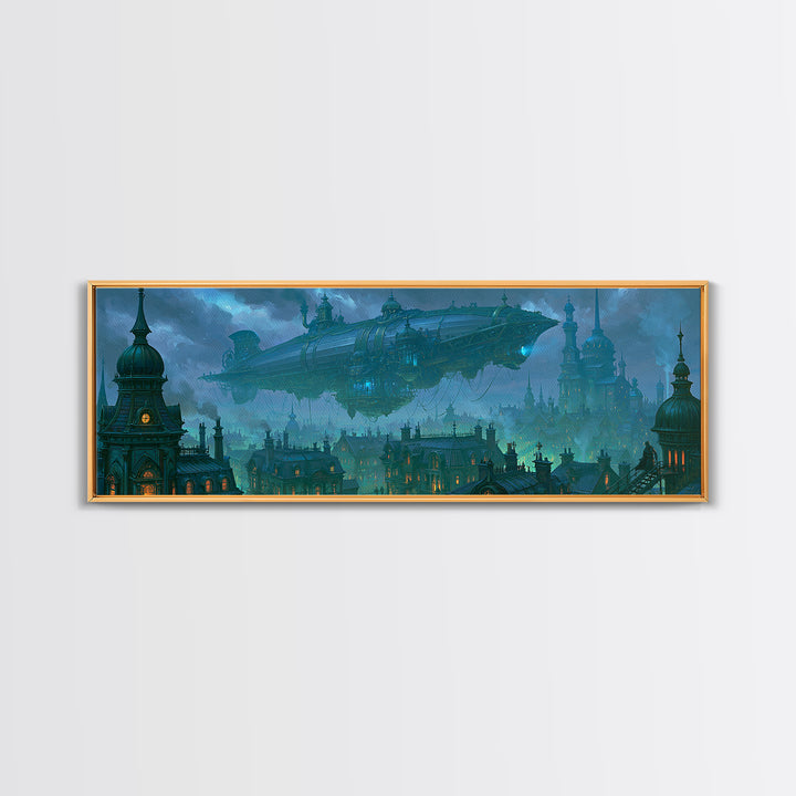 Airship Floating Above Victorian City Roofs Canvas Print, Steampunk Art, Whimsigoth Decor, Living Room Decor, Mechanic, STE-3x1-42