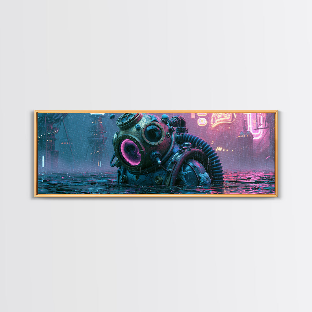 Brass Diving Helmet Framed Canvas Print, Steampunk Art, Living Room Decor, Abstract Art, Mechanic, Art Nouveau, STE-3x1-52