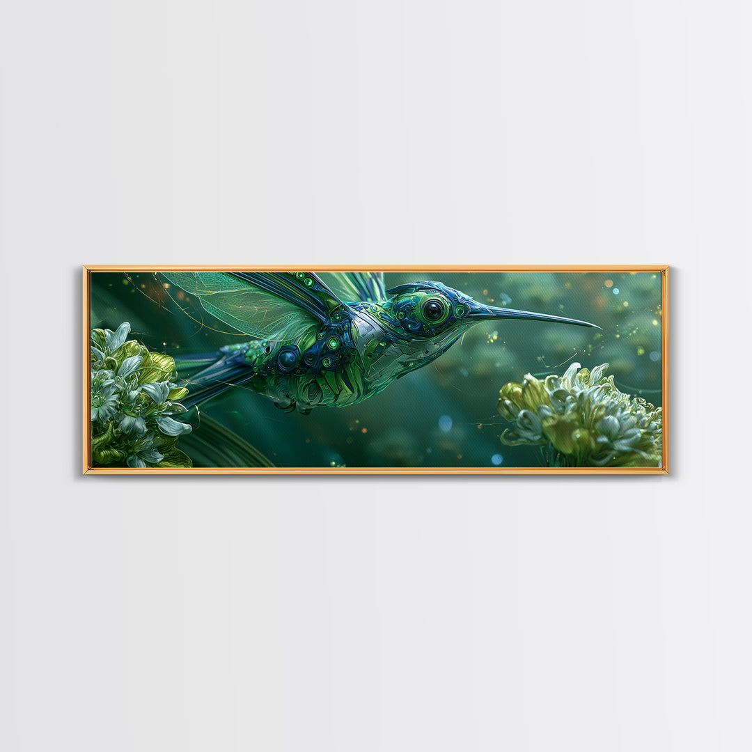 Mechanical Hummingbird Hovering Near Flower Framed Canvas Print, Steampunk Art, Neutral Decor, Living Room Decor, Oil Painting, STE-3x1-73