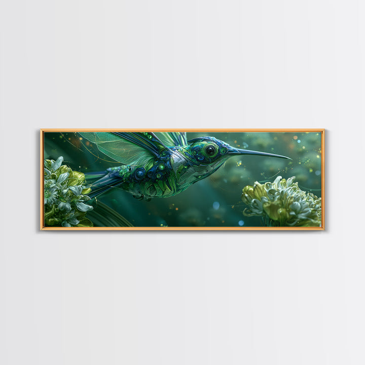 Mechanical Hummingbird Hovering Near Flower Framed Canvas Print, Steampunk Art, Neutral Decor, Living Room Decor, Oil Painting, STE-3x1-73