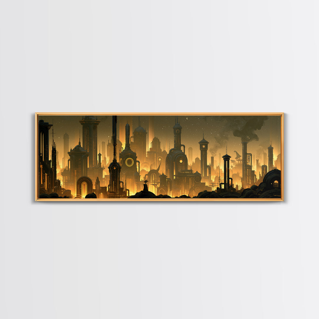 Steam Powered City Skyline Canvas Print, Steampunk Art, Dark Art, Living Room Decor, Abstract Art, Mechanic, Minimalist Decor, STE-3x1-85