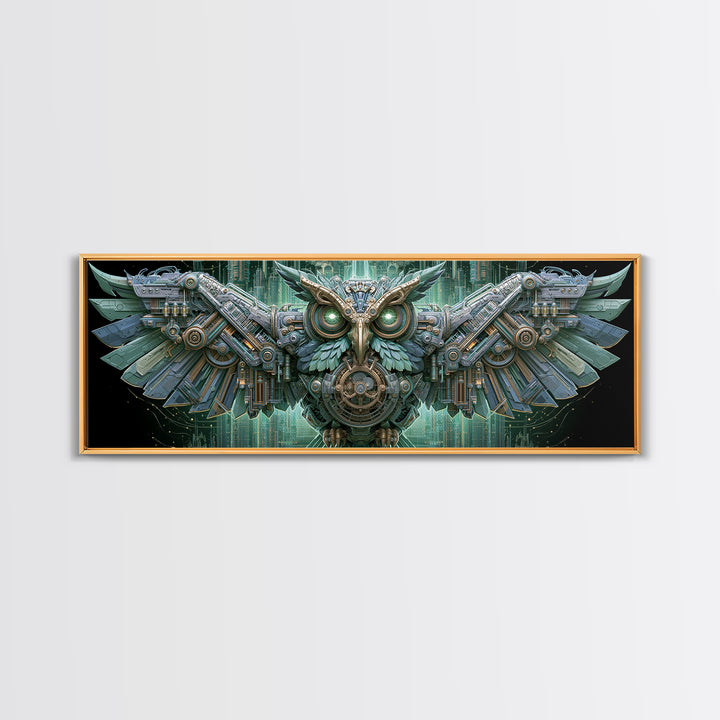 Brass Clockwork Owl Framed Canvas Print, Steampunk Art, Boho Decor, Living Room Decor, Oil Painting, Mechanic, Art Print, STE-3x1-89