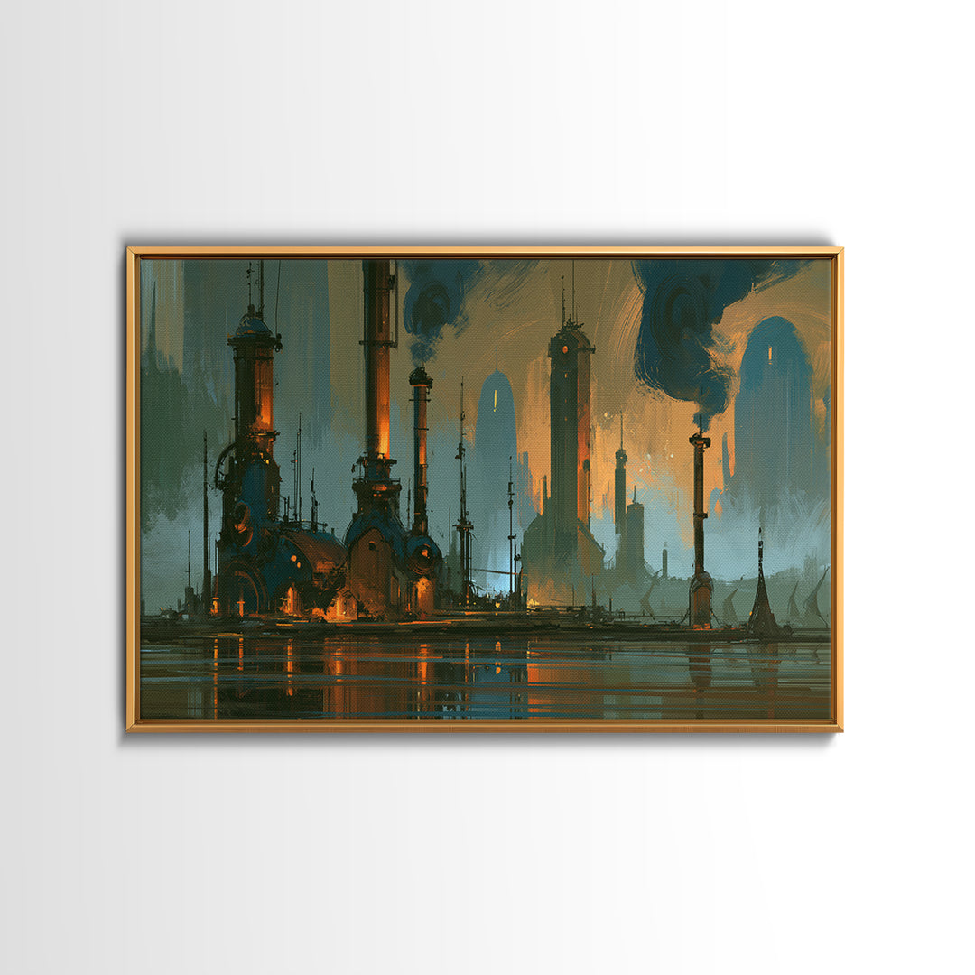 Steam Powered City Skyline Canvas Print, Steampunk Art, Wall Art Living Room, Living Room Decor, Abstract Art, Mechanic, STE-3x2-1