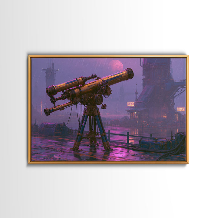 Brass Telescope Aimed at Copper Moon Framed Canvas Print, Steampunk Art, Wall Art, Living Room Decor, Oil Painting, Mechanic, STE-3x2-100