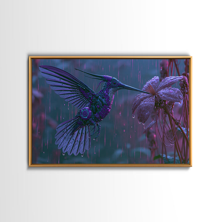 Mechanical Hummingbird Hovering Near Flower Canvas Print, Steampunk Art, Digital Download Art, Living Room Decor, Mechanic, STE-3x2-13