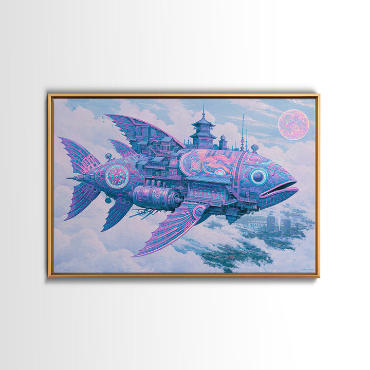 Mechanical Fish Swimming Through Clouds Framed Canvas Print, Steampunk Art, Art Nouveau, Living Room Decor, Fine Art, Mechanic, STE-3x2-2