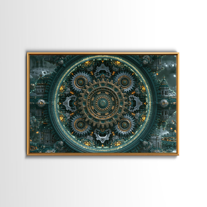 Cogwheel Mandala in Bronze and Teal Framed Canvas Print, Steampunk Art, Gothic Art, Living Room Decor, Fine Art, Mechanic, STE-3x2-20