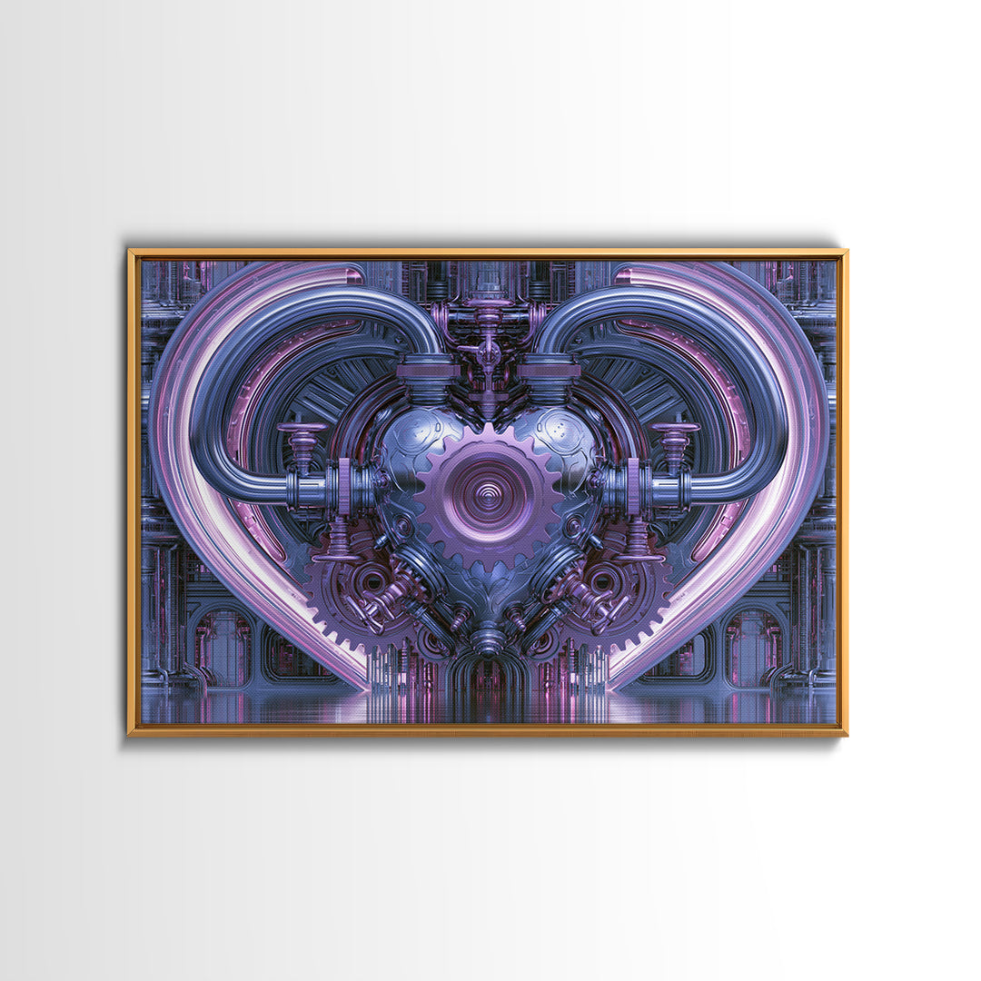 Gear Heart with Pipes and Valves Framed Canvas Print, Steampunk Art, Retro Decor, Living Room Decor, Fine Art, Mechanic, STE-3x2-24