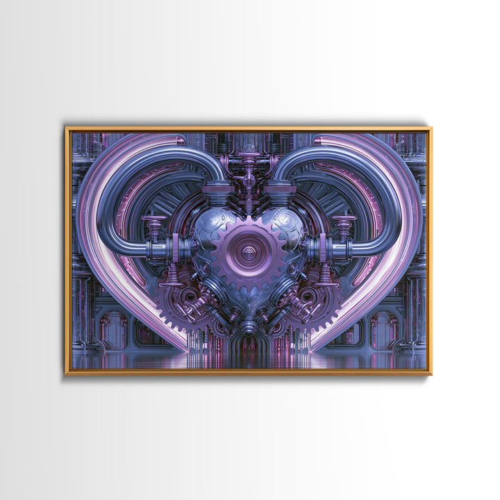 Gear Heart with Pipes and Valves Framed Canvas Print, Steampunk Art, Retro Decor, Living Room Decor, Fine Art, Mechanic, STE-3x2-24