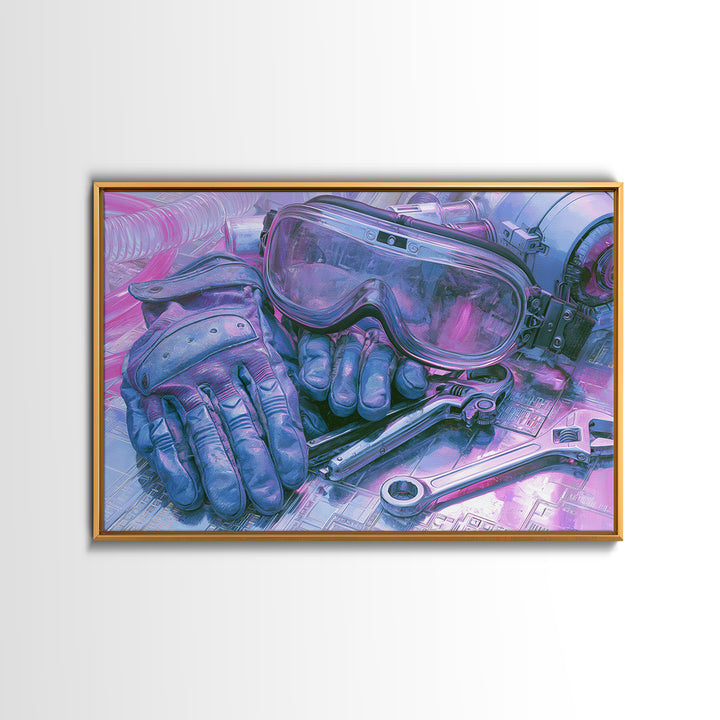 Goggles Gloves and Wrench Still Life Framed Canvas Print, Steampunk Art, Gallery Decor, Living Room Decor, Fine Art, Mechanic, STE-3x2-27