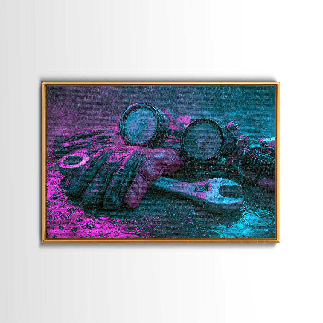Goggles Gloves and Wrench Still Life Canvas Print, Steampunk Art, Retro Decor, Living Room Decor, Fine Art, Mechanic, STE-3x2-3