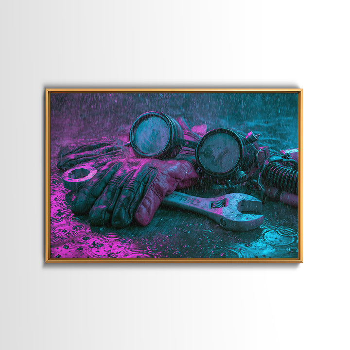 Goggles Gloves and Wrench Still Life Canvas Print, Steampunk Art, Retro Decor, Living Room Decor, Fine Art, Mechanic, STE-3x2-3