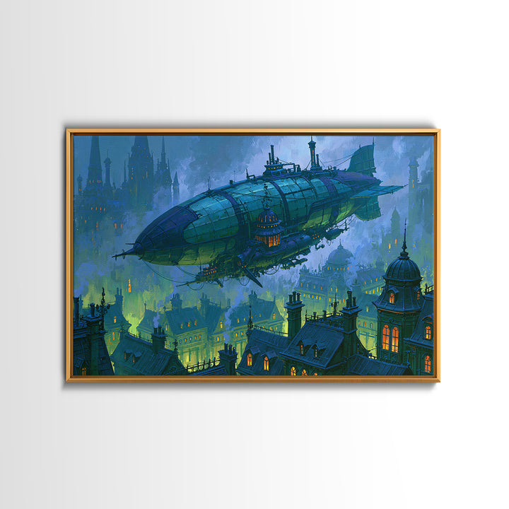 Airship Floating Above Victorian City Roofs Canvas Print, Steampunk Art, Modern Art, Living Room Decor, Fine Art, Mechanic, STE-3x2-30
