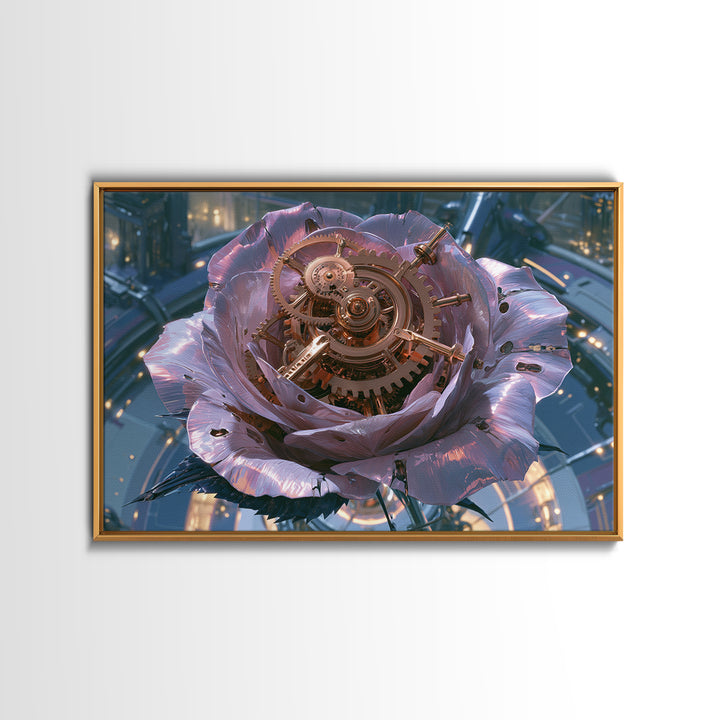 Mechanical Rose Made of Copper Gears Framed Canvas Print, Steampunk Art, Statement Artwork, Living Room Decor, Mechanic, STE-3x2-31