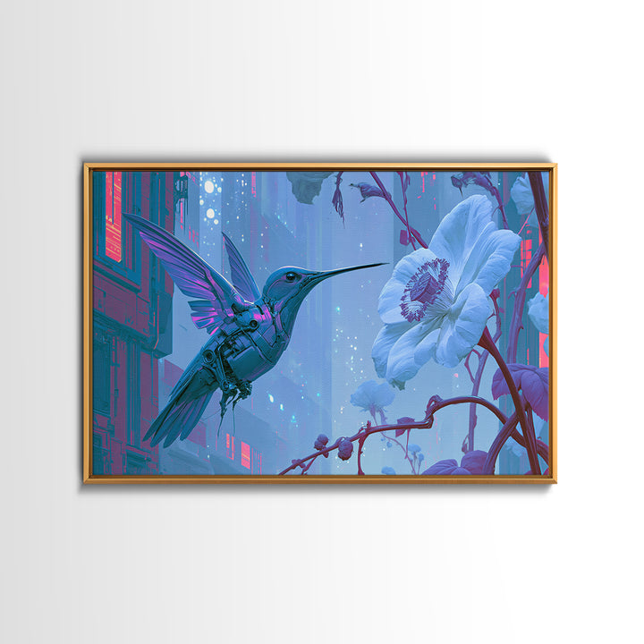 Mechanical Hummingbird Hovering Near Flower Canvas Print, Steampunk Art, Dark Art, Living Room Decor, Watercolor Art, Mechanic, STE-3x2-37