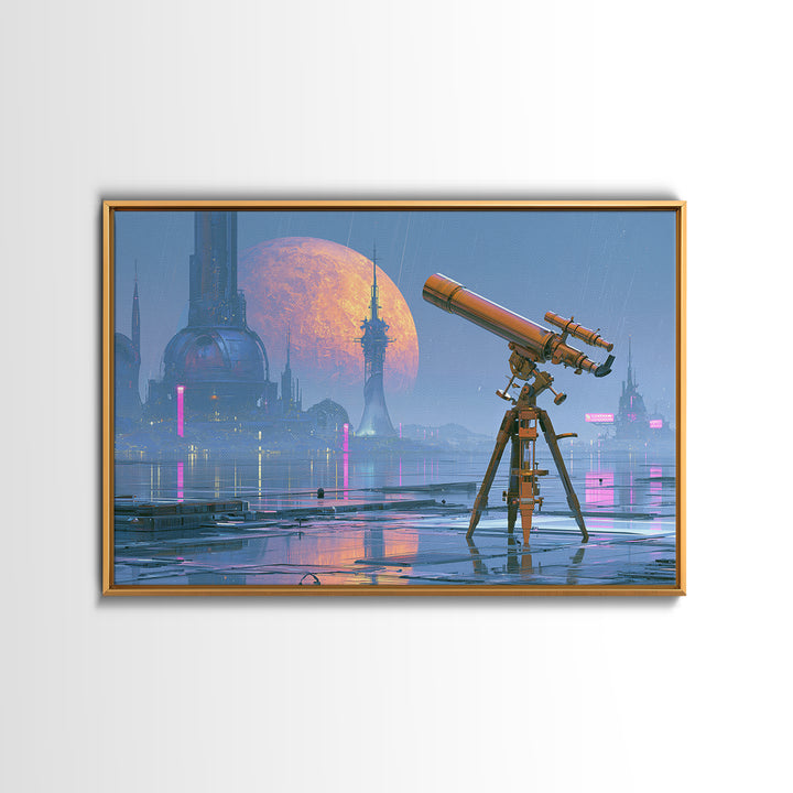 Brass Telescope Aimed at Copper Moon Canvas Print, Steampunk Art, Steampunk Lamp, Living Room Decor, Abstract Art, Mechanic, STE-3x2-52