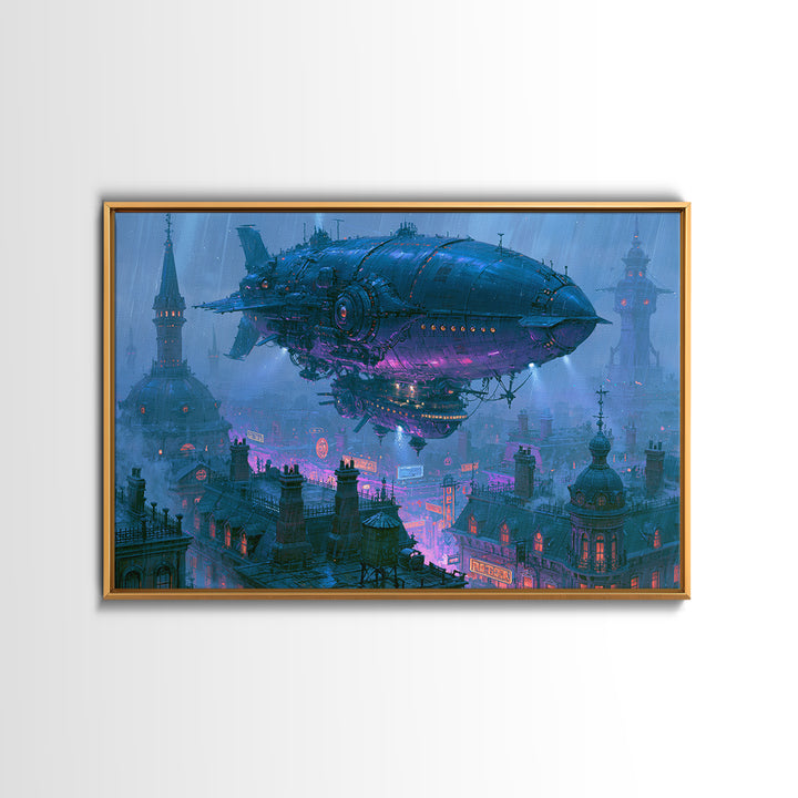 Airship Floating Above Victorian City Roofs Framed Canvas Print, Steampunk Art, Boho Wall Art, Living Room Decor, Mechanic, STE-3x2-6