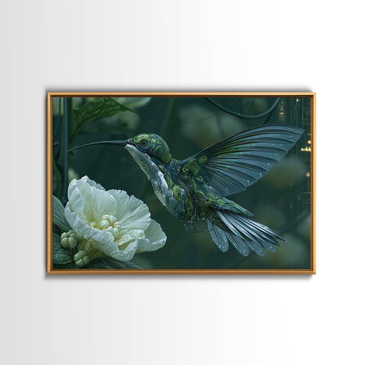 Mechanical Hummingbird Hovering Near Flower Canvas Print, Steampunk Art, Dark Art, Living Room Decor, Watercolor Art, Mechanic, STE-3x2-61