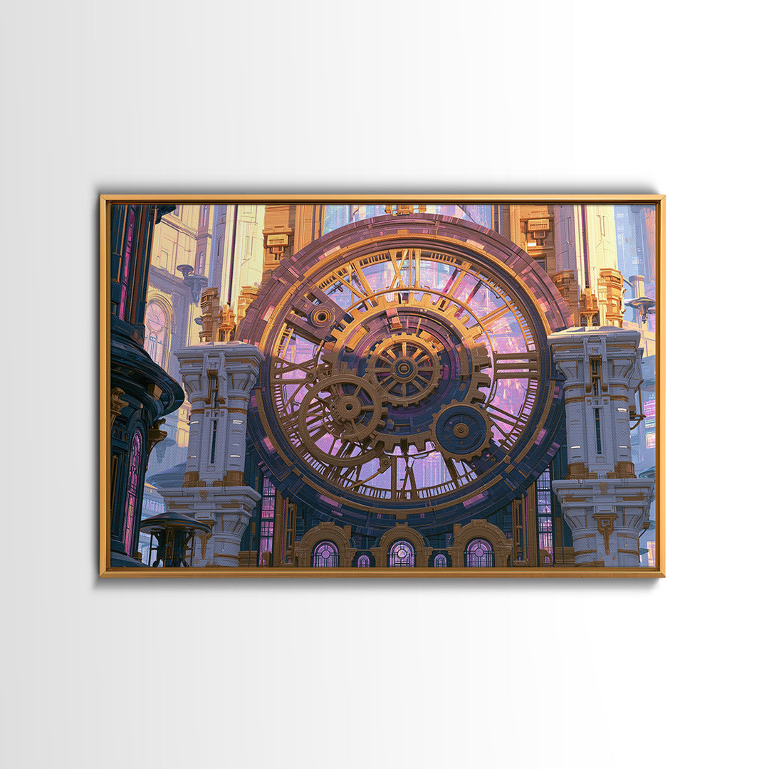 Clock Tower Gears Framed Canvas Print, Steampunk Art, Abstract Art Print, Living Room Decor, Watercolor Art, Mechanic, STE-3x2-65
