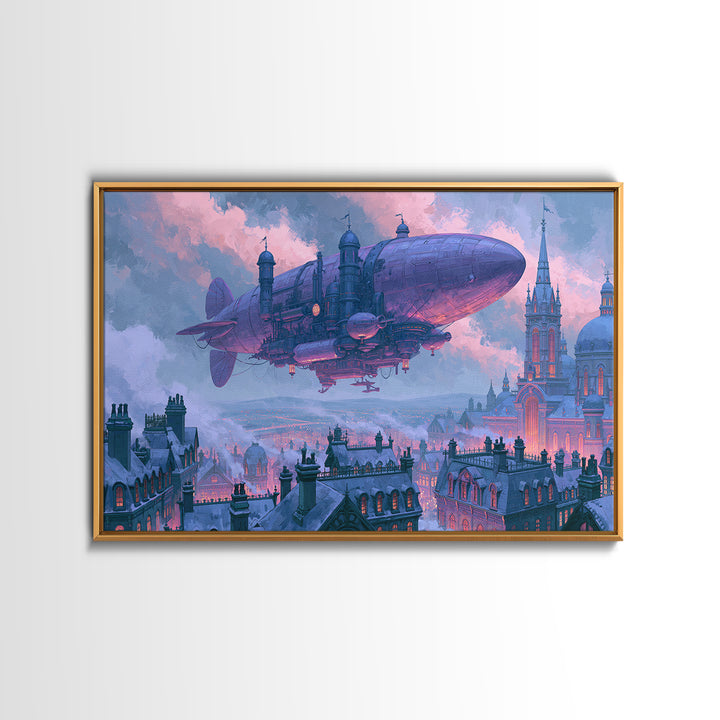 Airship Floating Above Victorian City Roofs Framed Canvas Print, Steampunk Art, Man Cave Decor, Living Room Decor, Mechanic, STE-3x2-78