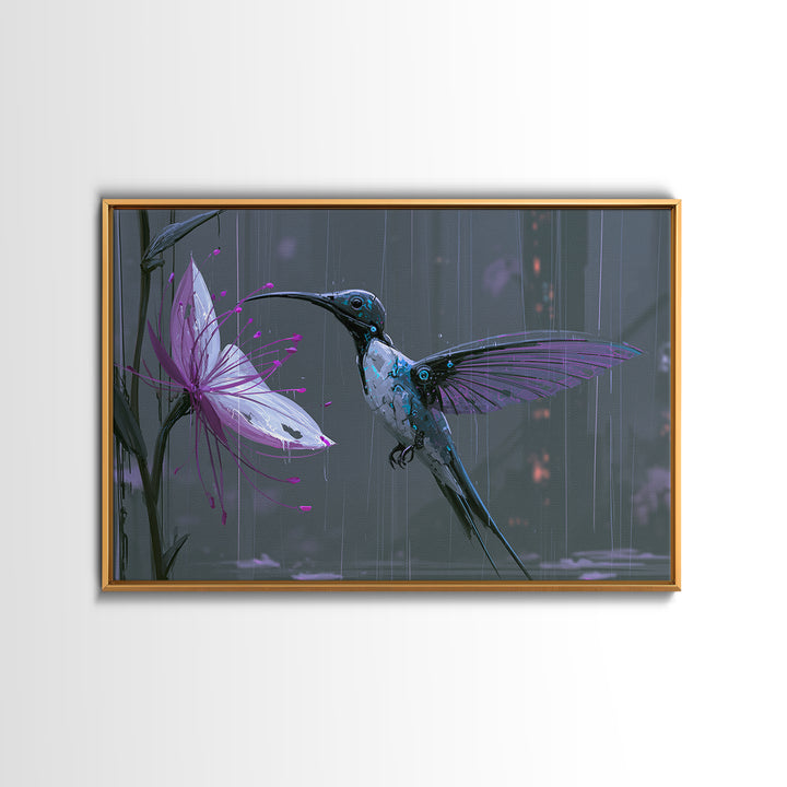 Mechanical Hummingbird Hovering Near Flower Framed Canvas Print, Steampunk Art, Statement Artwork, Living Room Decor, Mechanic, STE-3x2-85