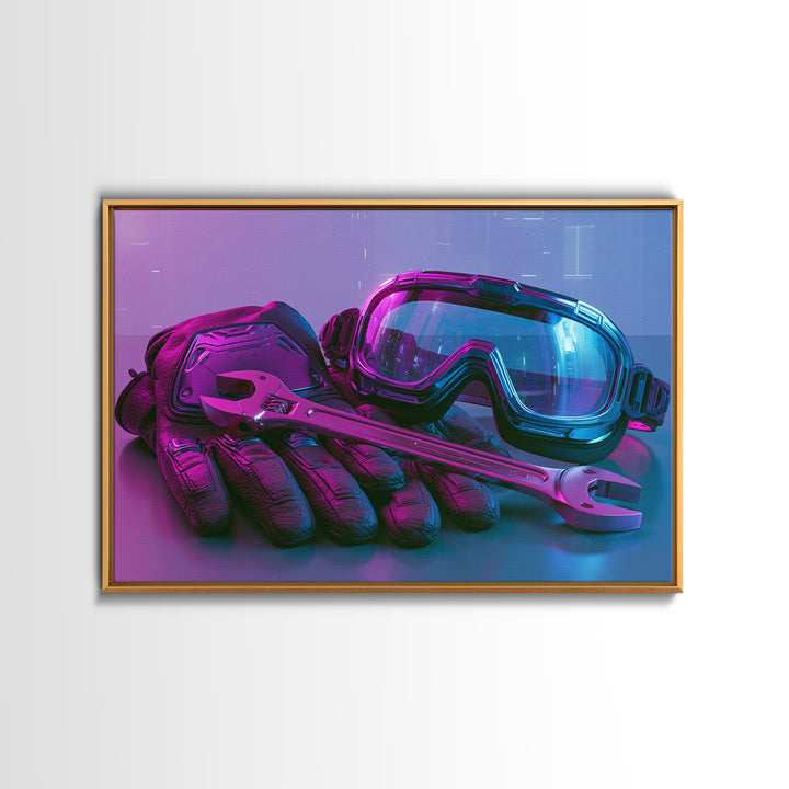 Goggles Gloves and Wrench Still Life Framed Canvas Print, Steampunk Art, Abstract Art, Living Room Decor, Fine Art, Mechanic, STE-3x2-99