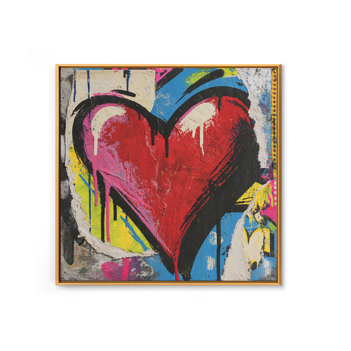 Neon Heart with Rough Drips Framed Canvas Print, Street Art, Abstract Art, Living Room Decor, Fine Art, Urban, Anime Art, STR-1x1-11