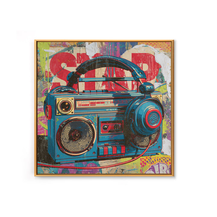Boombox and Headphones Framed Canvas Print, Street Art, Textured Painting, Living Room Decor, Abstract Art, Urban, STR-1x1-33