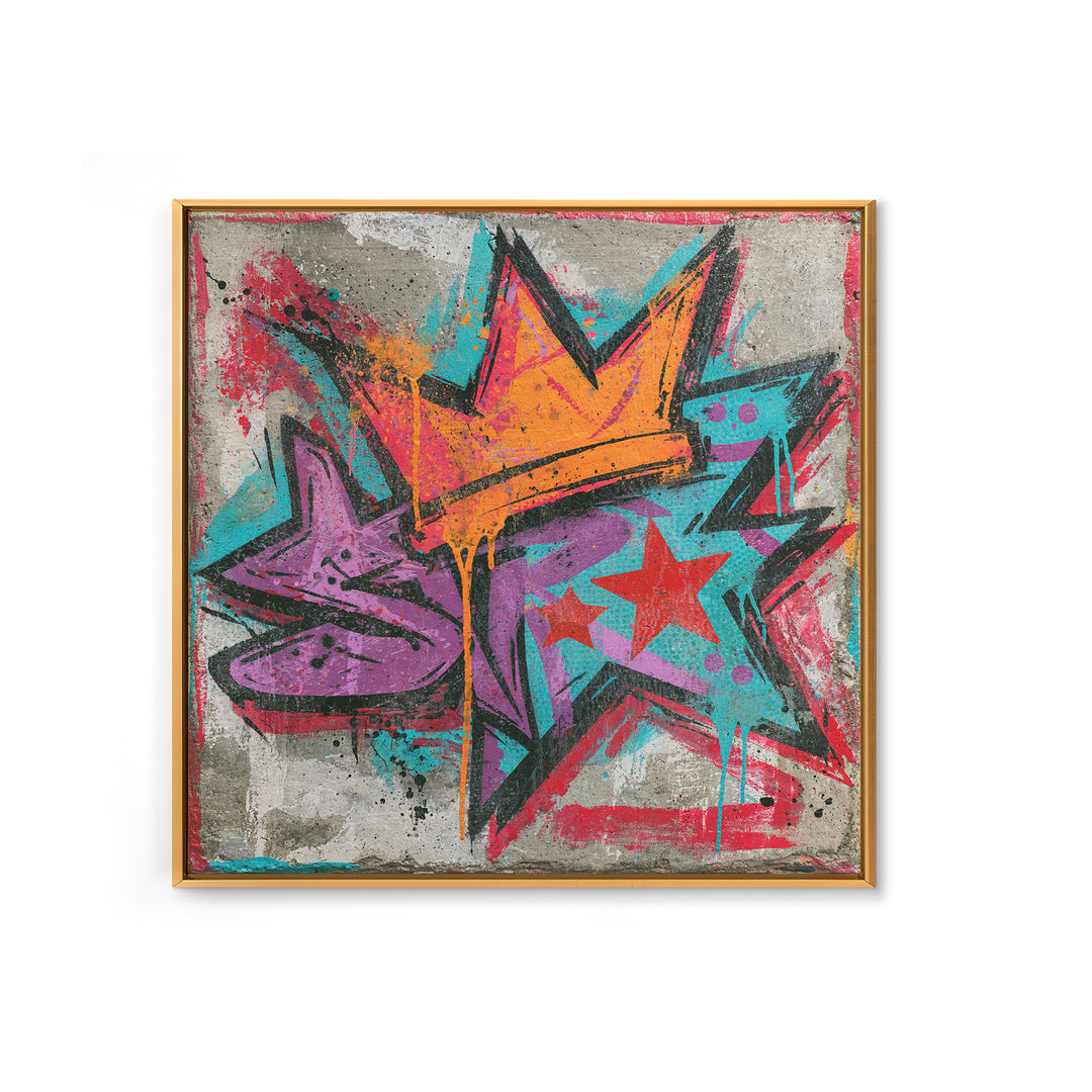 Drippy Crown and Stars Composition Framed Canvas Print, Street Art, Artwork, Living Room Decor, Fine Art, Urban, Pop Art, STR-1x1-44