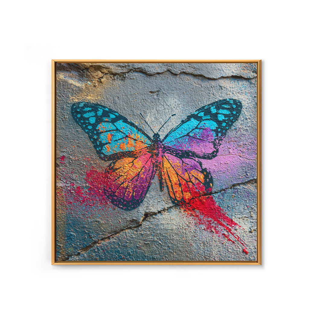 Spray Painted Butterfly on Cracked Concrete Framed Canvas Print, Street Art, Modern Wall Art, Living Room Decor, Urban, STR-1x1-47