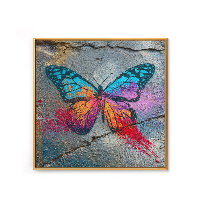 Spray Painted Butterfly on Cracked Concrete Framed Canvas Print, Street Art, Modern Wall Art, Living Room Decor, Urban, STR-1x1-47